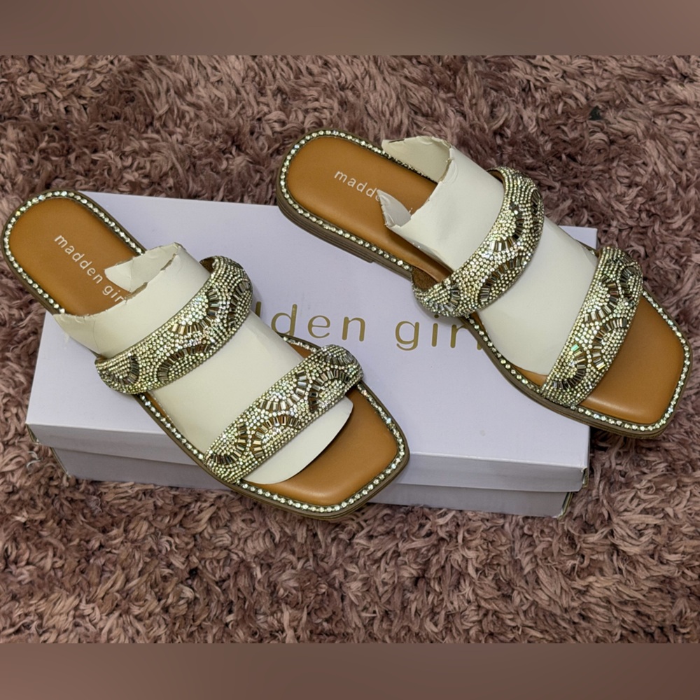 Madden Girl White Slide Sandals with Gold Crystal Straps